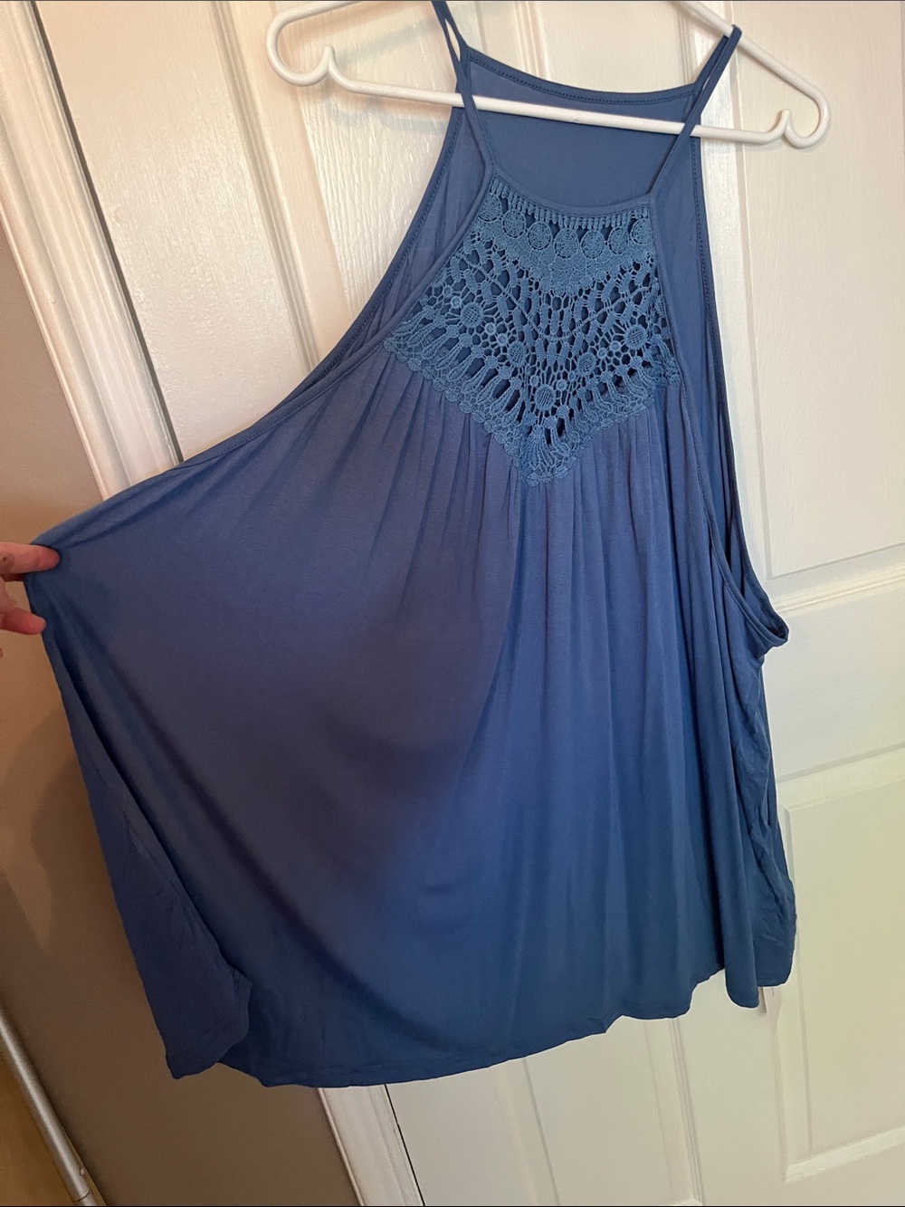 BloomChic Blue Crochet Yoke Halter Tank - Women